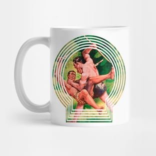 two muscular men fight with spears in the jungle retro comic book Mug